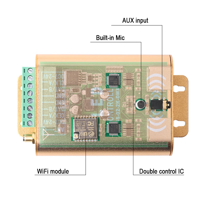 DC7-24V Double Channels 2048 pixels LED WIFI SPI Music Spectrum Android Controller For WS2812B, SK6812 RGB/RGBW Addressable LED Strip Lights APP Support Input Content DC7-24V Double Channels 2048 pixels LED WIFI SPI Music Spectrum Android Controller For WS2812B, SK6812 RGB/RGBW Addressable LED Strip Lights APP Support Input Content